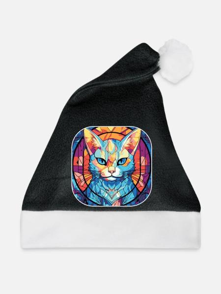 Buntes Aquarellgemälde der Singapura-Katzenrasse - Weihnachtsmütze - Schwarz/Weiß - Vorne