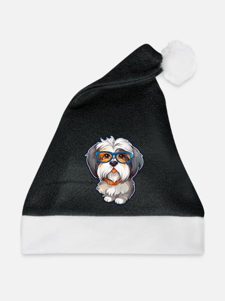 Havaneser Hund Rasse Aquarell Cartoon Kawaii Glas - Weihnachtsmütze - Schwarz/Weiß