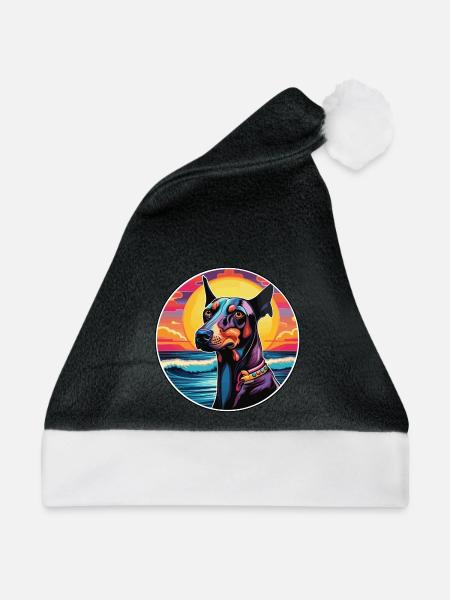 Dobermann Hunderasse Buntes Karikatur-Aquarell - Weihnachtsmütze - 