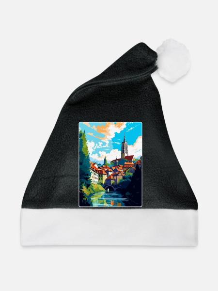 Fribourg Schweiz Vintage Reiseposter WPA Art - Weihnachtsmütze - Schwarz/Weiß - Vorne