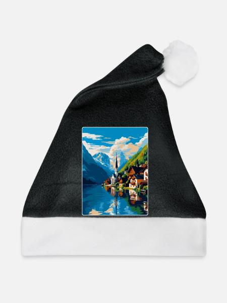 Hallstatt Österreich Vintage Reiseplakat Souvenir - Weihnachtsmütze - Schwarz/Weiß - Vorne