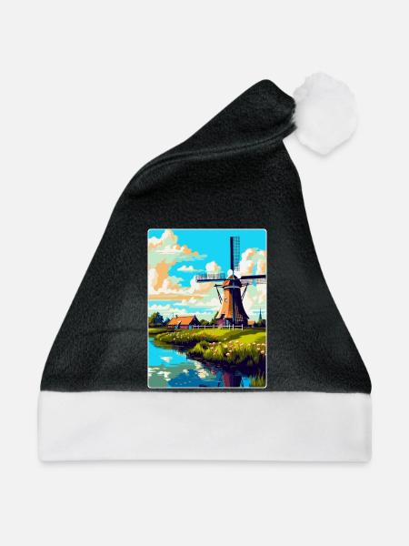 Kinderdijk Niederlande Vintage Reiseposter WPA - Weihnachtsmütze - Schwarz/Weiß - Vorne