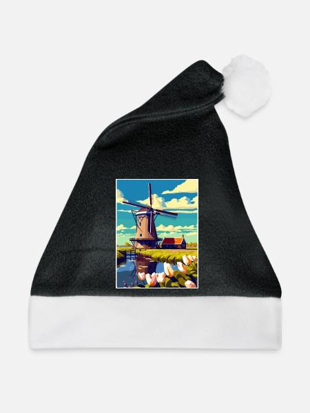 Kinderdijk Niederlande Vintage Reiseposter WPA - Weihnachtsmütze - Schwarz/Weiß - Vorne