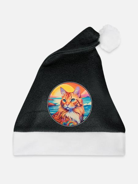 Ingwer Langhaar Katze Aquarell Karikatur Kawaii - Weihnachtsmütze - Schwarz/Weiß - Vorne