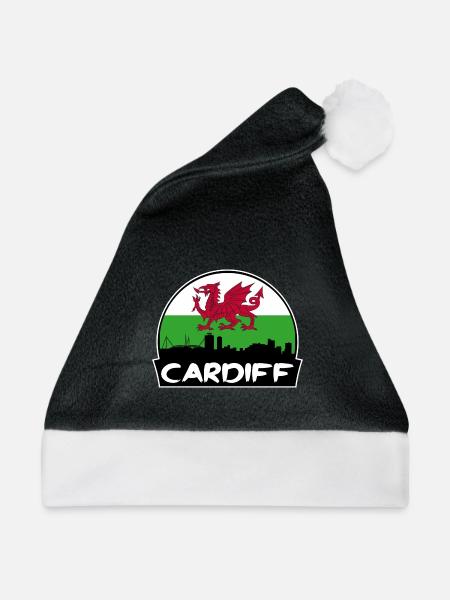 Cardiff Wales Flagge Skyline Silhouette Reisen - Weihnachtsmütze - Schwarz/Weiß - Vorne