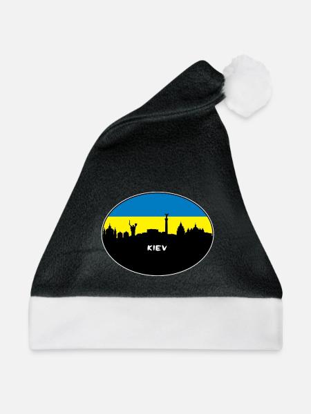 Kiew-Ukraine-Flaggen-Skyline-Schattenbild-Reise - Weihnachtsmütze - Schwarz/Weiß - Vorne