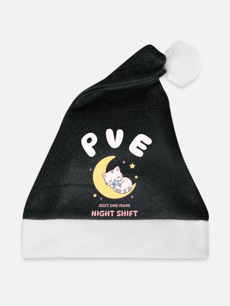 Cozy Gamer PvE Katze Mond Nachtschicht Design - Weihnachtsmütze - Schwarz/Weiß - Vorne