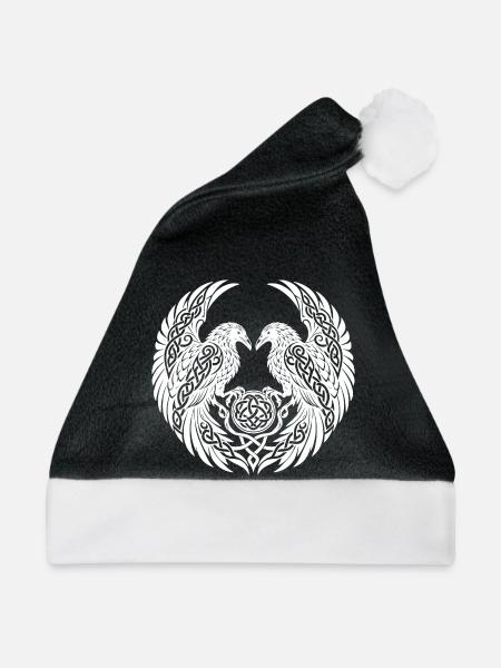 Zwillingsnordische Raben mit ornamentalem Knotenwerk - Weihnachtsmütze - Schwarz/Weiß - Vorne