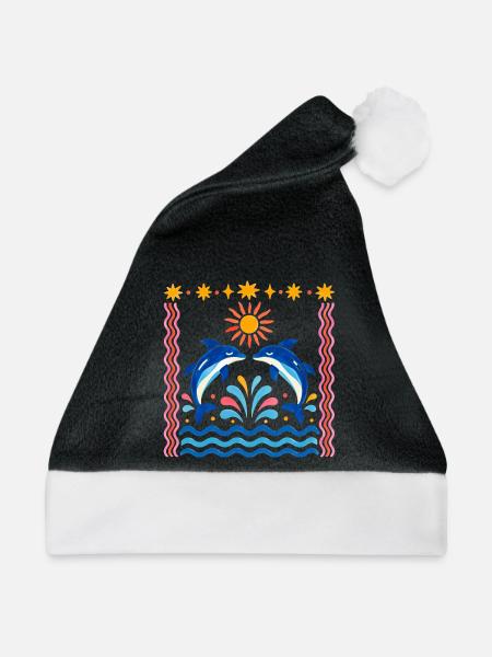 Bunte Delfine bei Sonnenaufgang - Weihnachtsmütze - Schwarz/Weiß