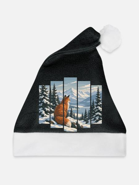 Fuchs im Winterwald - Verschneite Berglandschaft - Weihnachtsmütze - Schwarz/Weiß