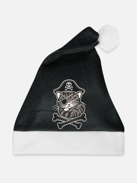 Piratenkatze Tigerkatze mit Augenklappe - Weihnachtsmütze - Schwarz/Weiß - Vorne