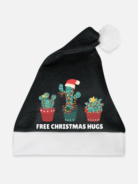 Free Christmas Hugs lustige Kakteen Pflanzen - Weihnachtsmütze - Schwarz/Weiß - Vorne