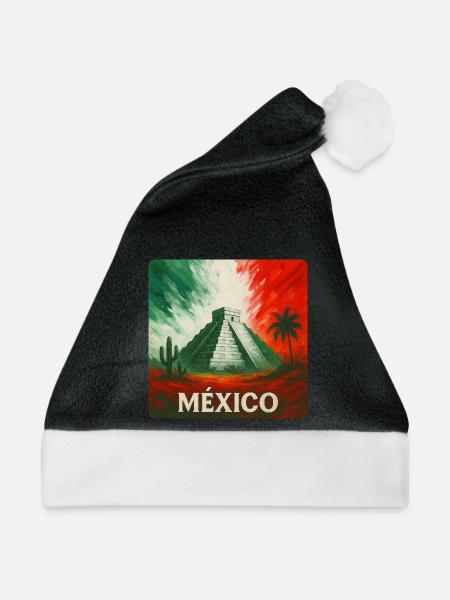 Mexiko Pyramide mit Kaktus in Landesfarben - Weihnachtsmütze - Schwarz/Weiß - Vorne