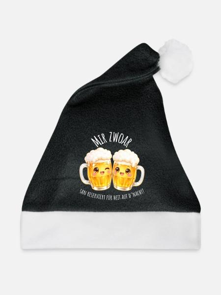 Mir Zwoa Bierfreunde: Zwei Gläser Stoßen - Weihnachtsmütze - Schwarz/Weiß - Vorne
