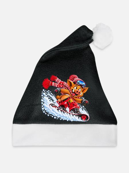 Pistensau - Wildschwein auf dem Snowboard - Weihnachtsmütze - Schwarz/Weiß - Vorne