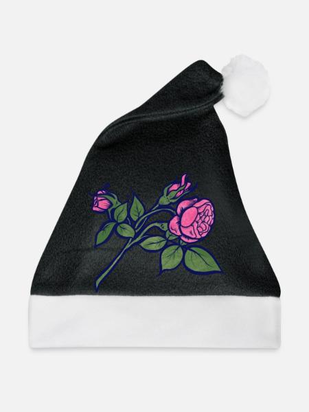 Rosa Rose mit neonblauer Kontur - Weihnachtsmütze - Schwarz/Weiß