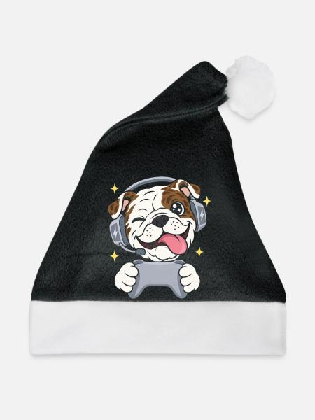 Gaming Englische Bulldogge mit Headset Controller - Weihnachtsmütze - Schwarz/Weiß - Vorne