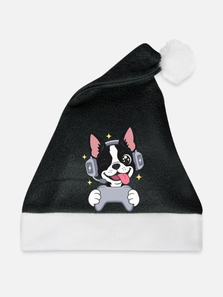 Gaming Boston Terrier mit Headset und Controller - Weihnachtsmütze - Schwarz/Weiß - Vorne