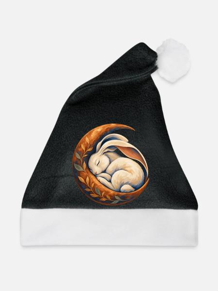 Schlafendes Kaninchen in einem Mondsichel - Weihnachtsmütze - Schwarz/Weiß - Vorne