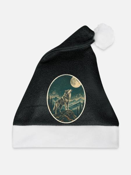 Wolf heult den Vollmond an – Vintage Wald - Weihnachtsmütze - Schwarz/Weiß - Vorne