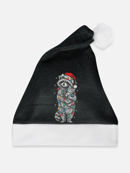Weihnachtsbär mit Lichterkette und kleiner Katze  - Weihnachtsmütze - Schwarz/Weiß - Vorne