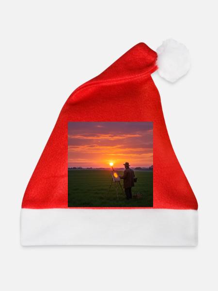 Sonnenuntergang mit Person im Feld - Weihnachtsmütze - Rot