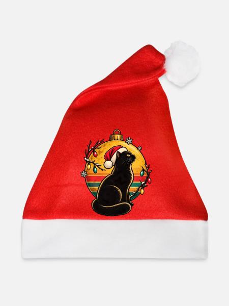 Schwarzer Kater im Weihnachtszauber - Weihnachtsmütze - Rot