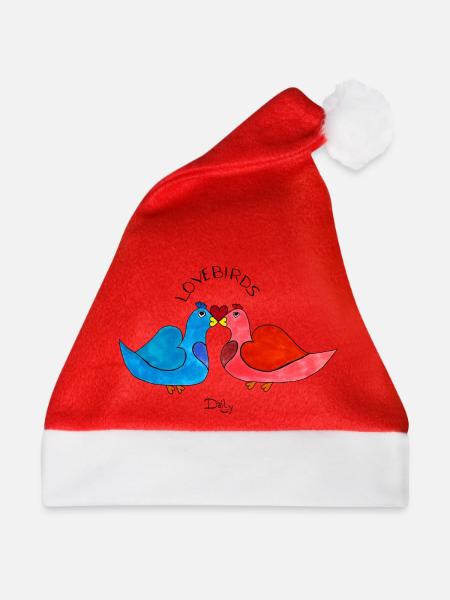 LoveBirds – verliebte Vögel mit Herz - Weihnachtsmütze - Rot