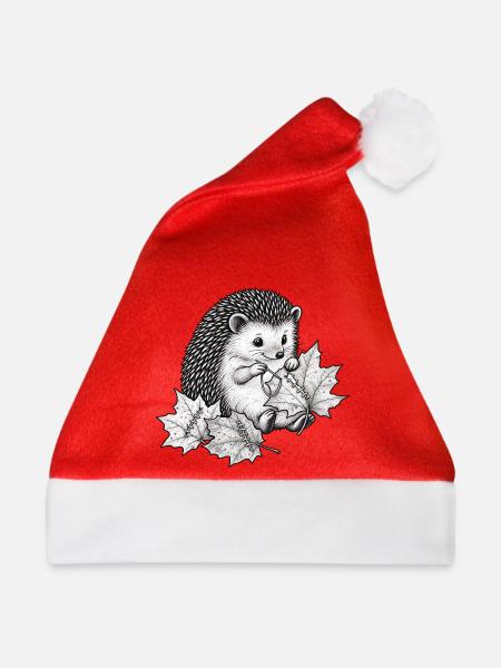 Süßer Igel näht Herbstblätter - Weihnachtsmütze - Rot