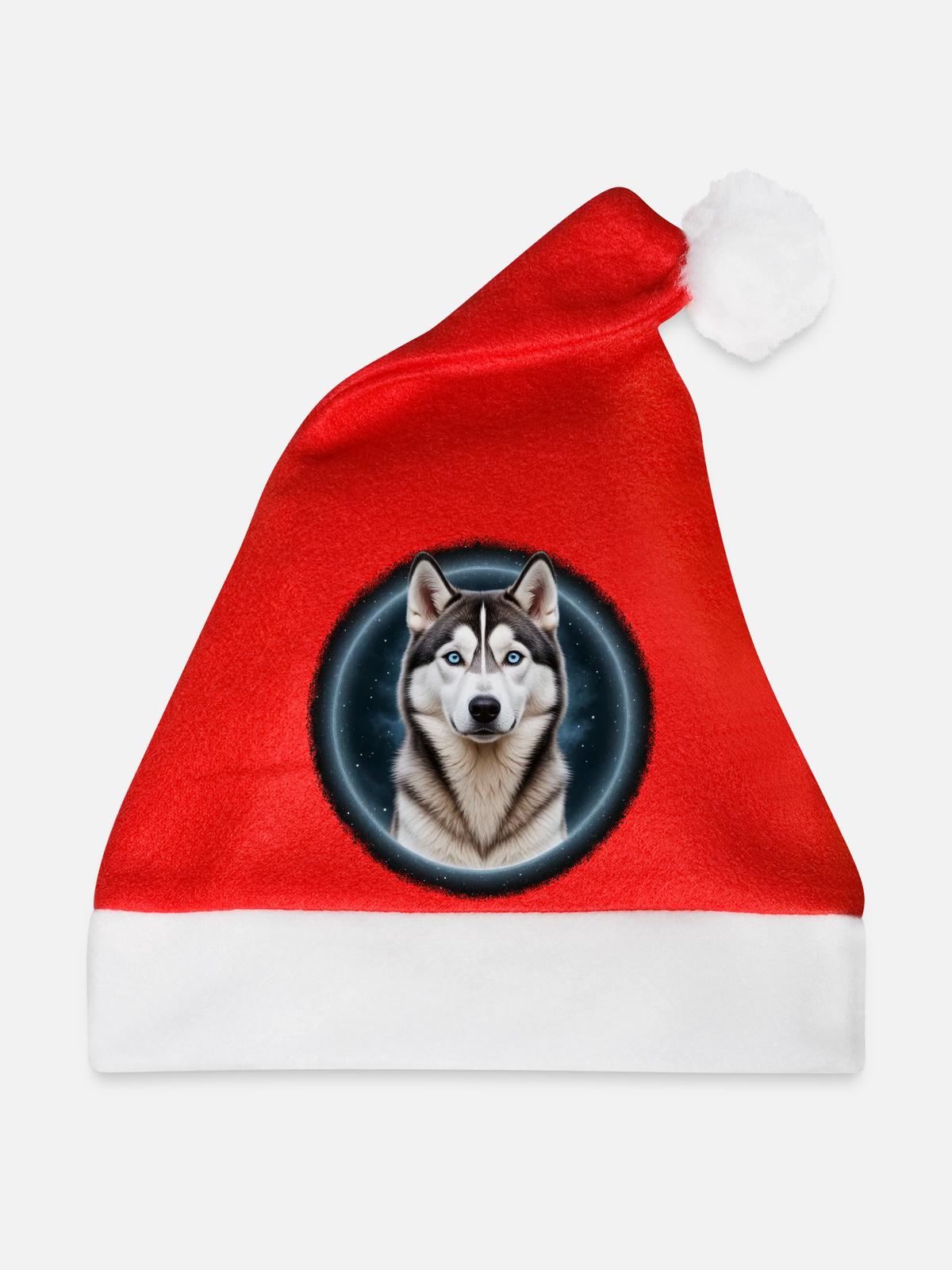 Nachthimmel Husky Porträt - Weihnachtsmütze - Rot - Vorne
