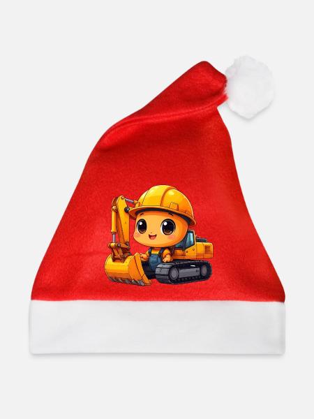 Kleiner Kawaii Bagger Bauarbeiter Helm T-Shirt - Weihnachtsmütze - Rot - Vorne