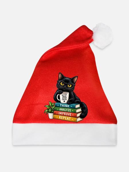 Nerdy Katze mit Kaffee und Büchern - Weihnachtsmütze - Rot