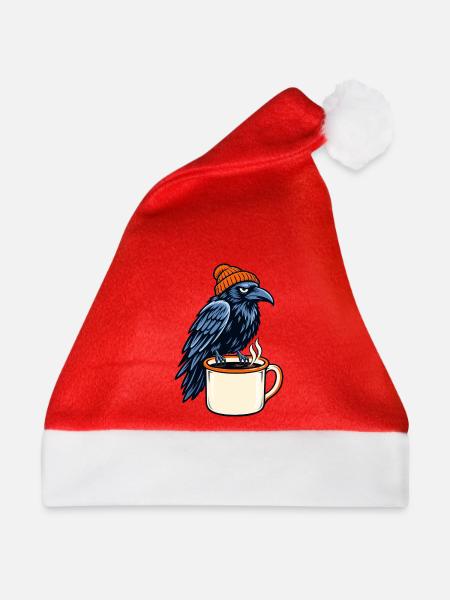 Rabe mit Mütze über Kaffeebecher - Weihnachtsmütze - Rot