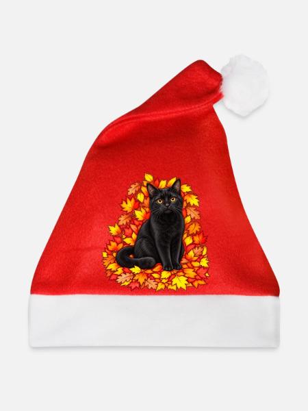 Schwarze Katze im Herbstlaub - Weihnachtsmütze - Rot