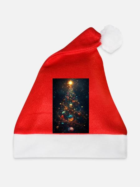 Kosmischer Weihnachtsbaum mit Planetenschmuck - Weihnachtsmütze - Rot