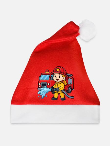 Feuerwehrmädchen mit Löschfahrzeug - Weihnachtsmütze - Rot
