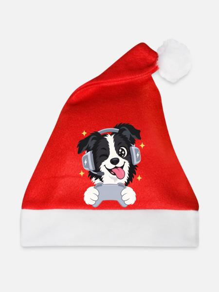 Gaming Border Collie mit Headset und Controller - Weihnachtsmütze - Rot - Vorne