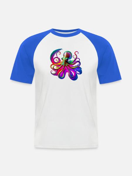 Psychedelic Neon Octopus - Men's Baseball T-Shirt - white/royal blue