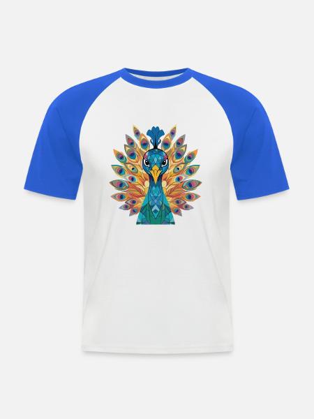 Pfauenbunte Aquarell-Tierillustration - Männer Baseball-T-Shirt - Weiß/Royalblau