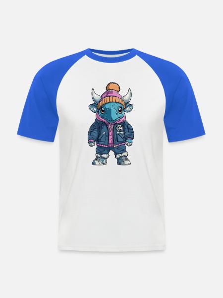 Stier mit Winterjacke und Mütze - Männer Baseball-T-Shirt - Weiß/Royalblau