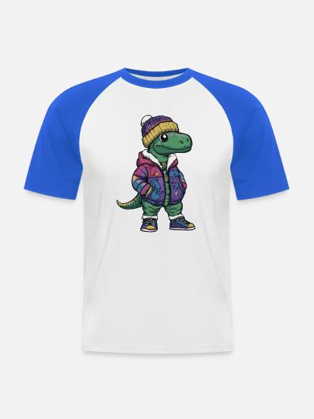 Dinosaurier mit Winterjacke und Mütze - Männer Baseball-T-Shirt - Weiß/Royalblau