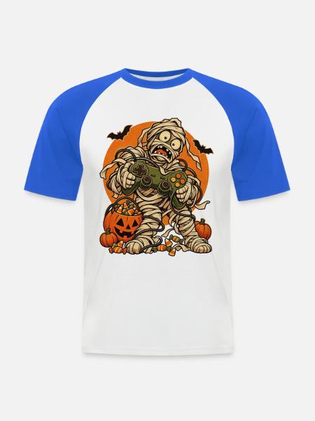 Halloween-Mumie Gamer mit Kabelsalat - Männer Baseball-T-Shirt - Weiß/Royalblau