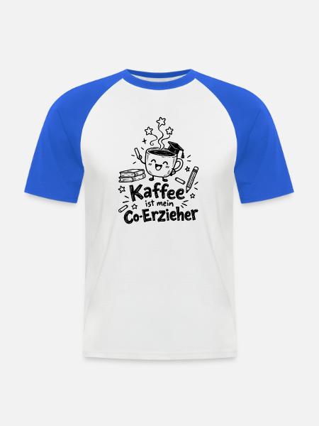 Lustiger Kaffeebecher Cartoon - Männer Baseball-T-Shirt - Weiß/Royalblau