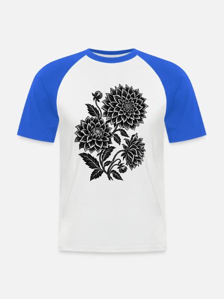 Dahlia-Garten Linoleumschnitt-Botanisches Blumendesign - Männer Baseball-T-Shirt - Weiß/Royalblau