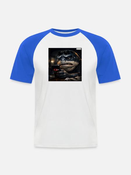 Hai_mit_Handy-_Akku1- - Männer Baseball-T-Shirt - Weiß/Royalblau