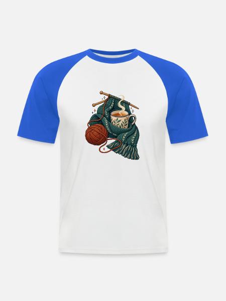 Strickpause mit Tee und Wollknäuel - Männer Baseball-T-Shirt - Weiß/Royalblau