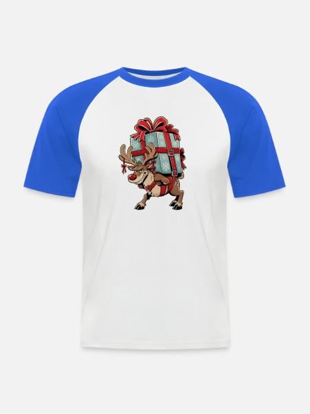 Rentier mit Geschenkpaket Winter - Männer Baseball-T-Shirt - Weiß/Royalblau