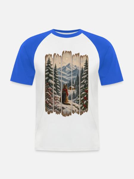 Winter-Waldhund-Weihnachtsdesign – rustikaler Schnee - Männer Baseball-T-Shirt - Weiß/Royalblau