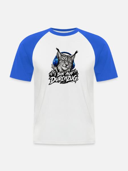 Katzenkopf mit Kopfhörern Bergabenteuer - Männer Baseball-T-Shirt - Weiß/Royalblau