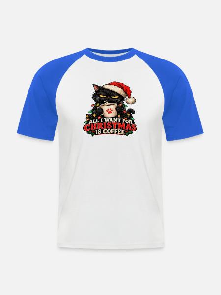 Katze und Weihnachtskaffee - Männer Baseball-T-Shirt - Weiß/Royalblau
